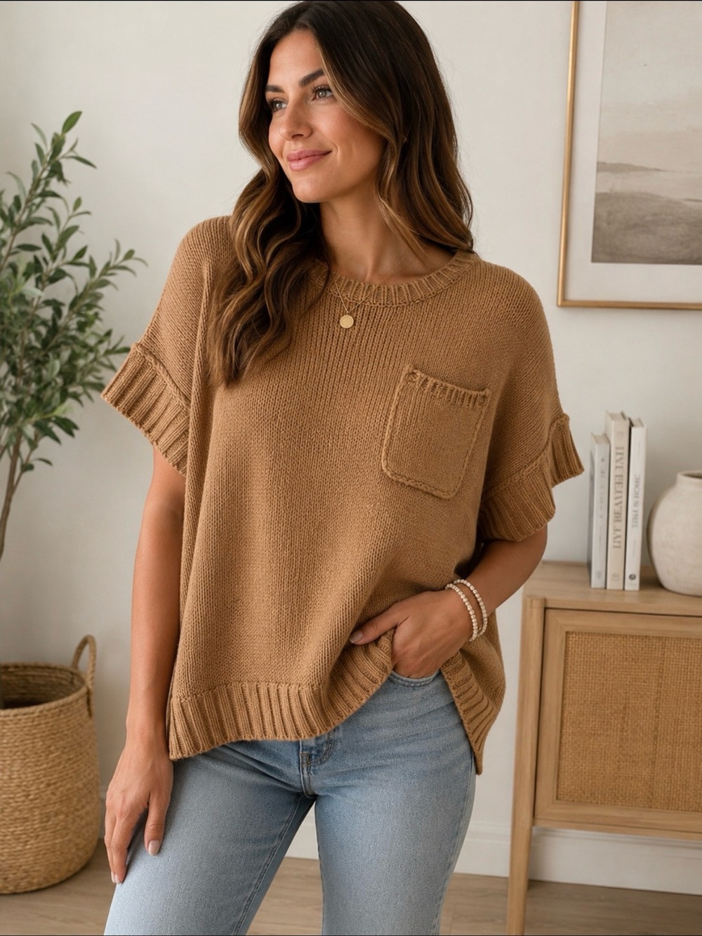 The Rage Camel Oversized Knit Sweater Top Short Sleeve Pocket Women’s L